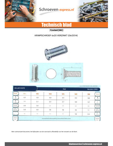 1 x Schroeven om vast te klinken M6X20 Wit...
