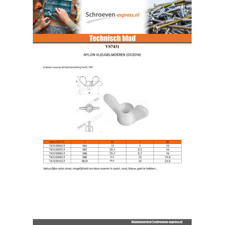 1 x Vleugelmoer natuurlijk nylon M6