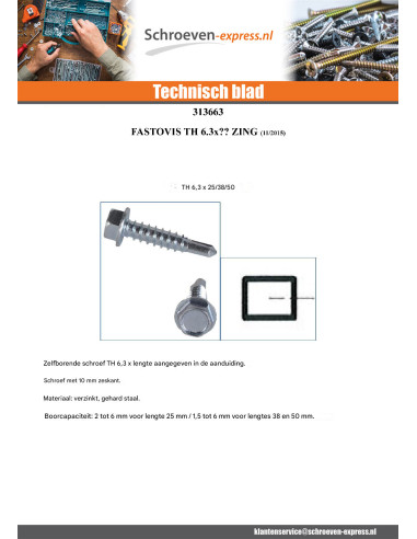 1 x FASTOVIS zeskantkop TH 6,3 x 105 Wit...