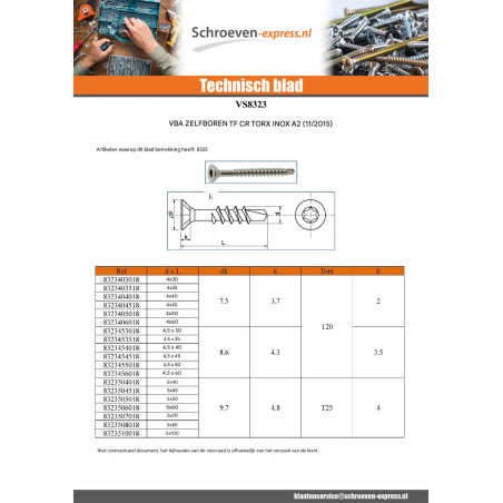 1 x Agglo houtschroeven Zelfborende schroef gefreesde kop kartel 5X100 TORX T25 RVS A2