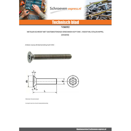 1 x Metalen schroeven RVS A2 Onbreekbaar gefreesde kop TORX T10 met pen M3X8 microschroeven