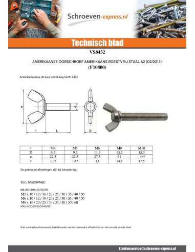 1 x Schroeven oren M5X20 amerikaanse vorm RVS A2