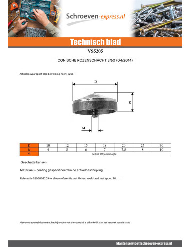 1 x Rozet conisch Messing 20 staart M3 steek...