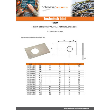 1 x Rem D Moer retangular van diameter M5 RVS A2