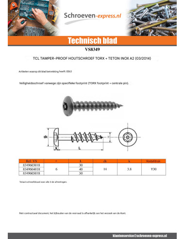 1 x Schroeven scharnier Onbreekbaar TORX T30...