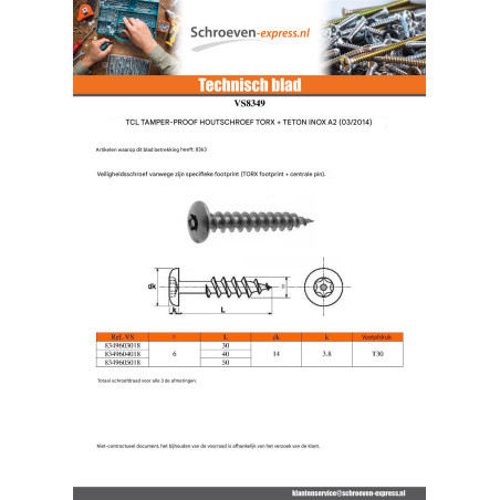 1 x Schroeven scharnier Onbreekbaar TORX T30 met pen 6X30 RVS A2