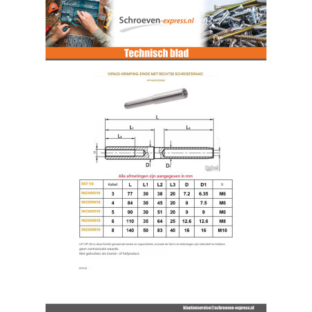 1 x Bit om te klinken tappende steek rechts Kabel 4 A4 RVS