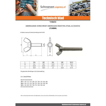 1 x Schroeven oren M4X20 amerikaanse vorm RVS A2