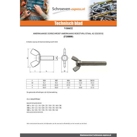 1 x Schroeven oren M5X25 amerikaanse vorm RVS A2