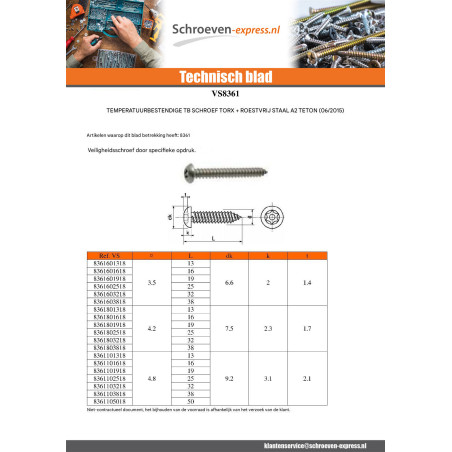 1 x Metaalplaatschroef Onbreekbaar RVS A2 cilindrische kop TORX T15 met pen 4.2X38