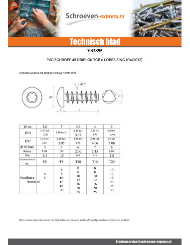 1 x PVC-schroeven DRIELOBE bol cilinderkop TORX...