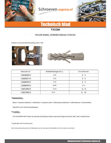 1 x Plug Nylon 12X60 zonder kraag