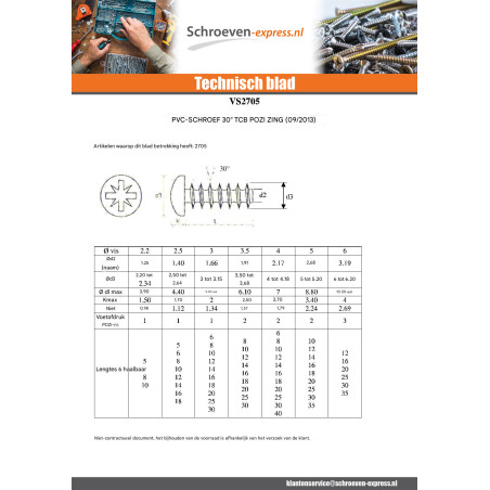 1 x PVC-schroeven bol cilinderkop Pozi PZ6 2.2X12 Draadstang 30 GRADEN Wit verzinkt staal