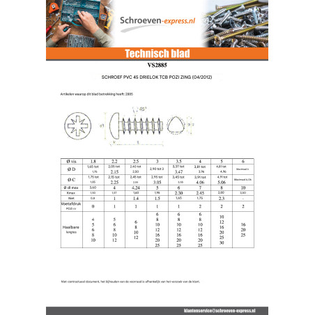 1 x PVC-schroeven DRIELOBE bol cilinderkop Pozi 3X16 FILET45 Wit verzinkt staal microschroeven