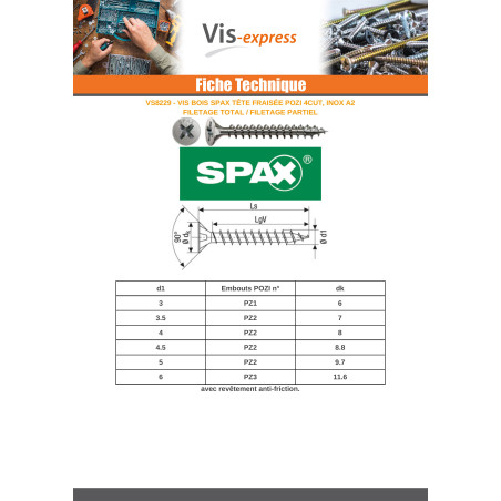 1 x SPAX Houtschroeven gefreesde kop Pozi PZ7 4X50 volledige draad 4CUT RVS A2