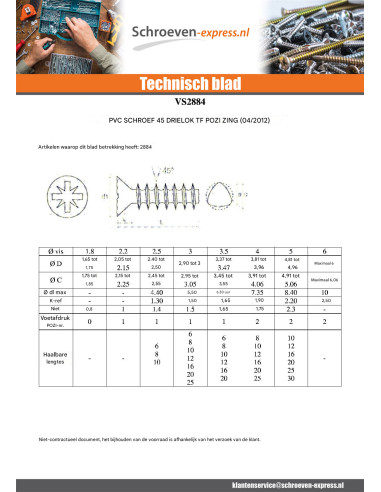 1 x PVC-schroeven DRIELOBE gefreesde kop Pozi...