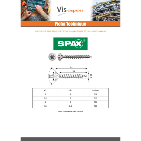1 x SPAX Houtschroeven gefreesde bolkop T-STAR TORX T20 4X45 volledige draad RVS A2