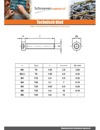 1 x Metalen schroeven cilindrische kop laag...