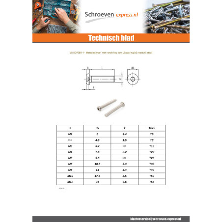 1 x Metalen schroeven kop bollig TORX T8 M2.5X5 volledige draad RVS A2 microschroeven