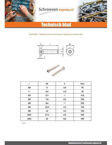 1 x Metalen schroeven kop bollig TORX T40 M8X35...