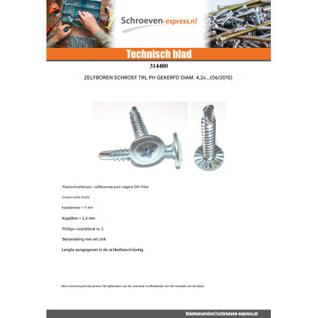 1 x Zelfborende schroef brede ronde kop phillips kartel 4.2X25 Wit verzinkt staal