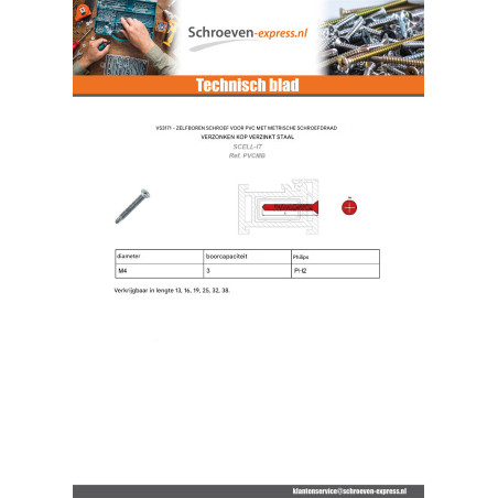 1 x Zelfborende schroef PVC metalen gefreesde kop Phillips 2 4X19 Wit verzinkt staal