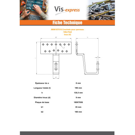 1 x Haak voor zonnepaneel 180x70x6 RVS A2