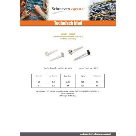 1 x Nokschroef gefreesde bolkop TORX T20 RVS A2 RAL7005 4,5X25 Afdichtingsring met neopreen epdm afdichting