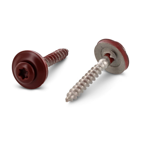 1 x Nokschroef gefreesde bolkop TORX T20 RVS A2 RAL3009 oxydrood 4,5X60 Afdichtingsring met neopreen epdm afdichting