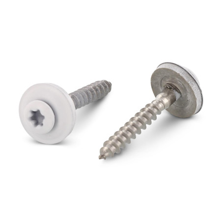 1 x Nokschroef gefreesde bolkop TORX T20 RVS A2 RAL9010 zuiver wit 4,5X45 Afdichtingsring met neopreen epdm afdichting