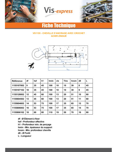1 x Plug Verankering + Haak boor 14 M10X70 Wit...