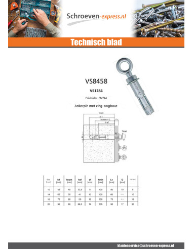 1 x Plug Verankering met Oogschroef M12 20X80...