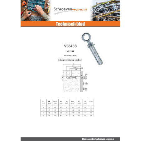 1 x Plug Verankering met Oogschroef M12 20X80 Wit verzinkt staal
