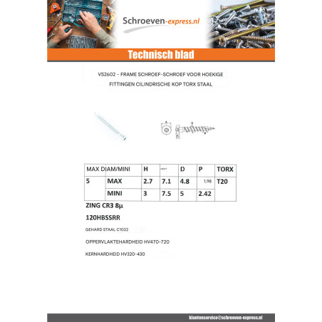 1 x Schroeven HARDWARE HOEKIG cilindrische kop TORX T20 anti-splijtpunt type 17 cut Wit verzinkt staal 5X40