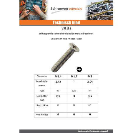 1 x Zelftappende schroef Draadstang metalen gefreesde kop phillips Wit verzinkt staal 2X10 microschroeven