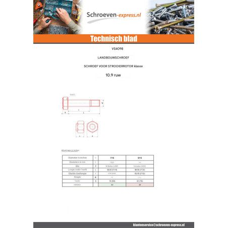 1 x Schroeven ROTOR ROER 9/19X3"1/2 klasse 10.9 Ruw staal