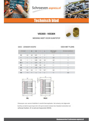 1 x Insert zonder kop HEATFIX Messing M6X9.5