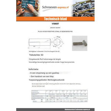 1 x Insteekbare gegroefde pin RVS A1 G05 6X20