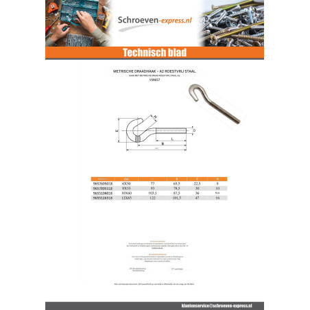1 x Metrische draadhaak RVS A2 6X50