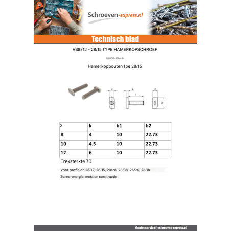 1 x Metalen schroeven hamerkop 10x10x4,5 M10X20 A4 RVS voor 28/15 profielen
