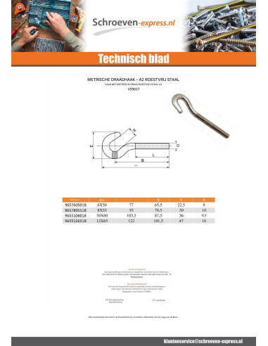 1 x Metrische draadhaak RVS A2 10X60