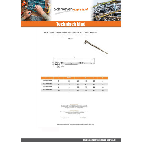 1 x Spanschroef met gelaste scharnieren uiteinde met crimp A4 RVS voor kabel diameter 4