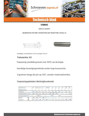 1 x Cilindrische gegroefde pin met afschuining...