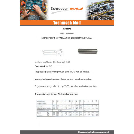 1 x Cilindrische gegroefde pin met afschuining G07 RVS A1 4X40