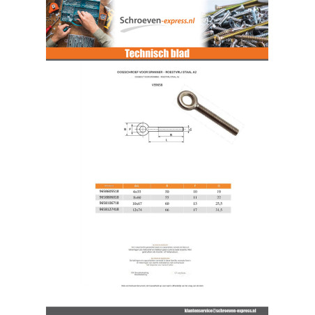 1 x Oogbout voor spanner oog 11 RVS A2 8X60