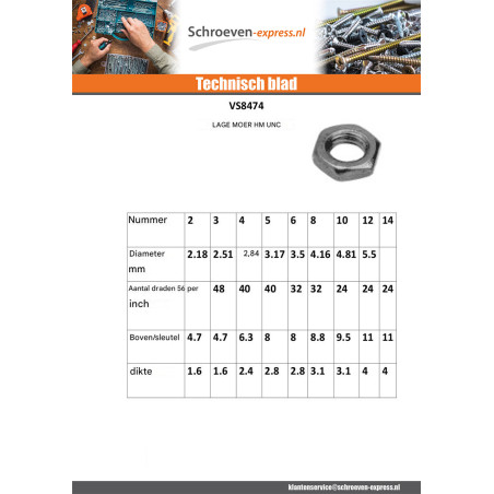 1 x Lage zeskantmoer hm/tegenmoer N8 -32 UNC RVS A2