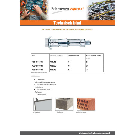1 x Metalen muurplug voor gipsplaten met Metalen schroeven zeskantboutenTH M8X60 Wit verzinkt staal