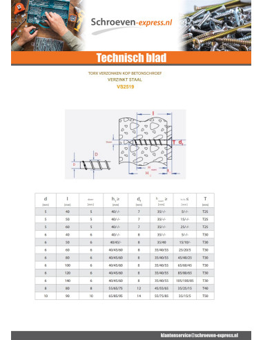 1 x Betonschroeven gefreesde kop TORX 5X60 Wit...