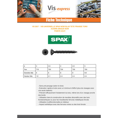 1 x SPAX Houtschroeven gefreesde kop TORX T20 3,5X50 bedraad op 25 Zwart gegalvaniseerd staal