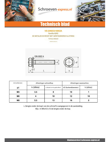 1 x Metalen schroeven zeskantkop TH volledige...